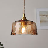 Vintage Amber Round Glass Brass Pendant Light 1-Light