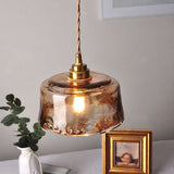 Vintage Amber Round Glass Brass Pendant Light 1-Light