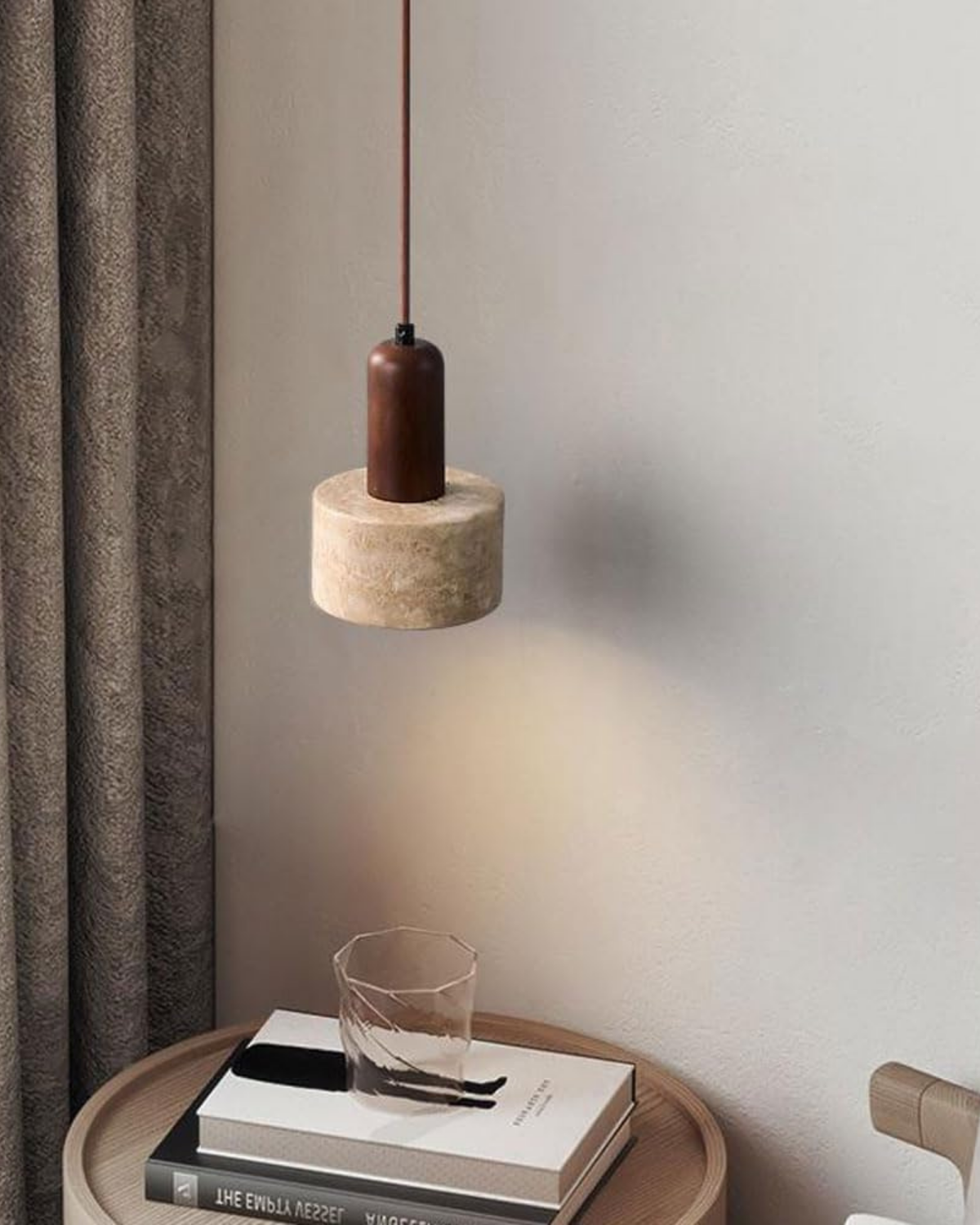 Modern Travertine Wood Cylinder Pendant Light 1-Light Lasson Living