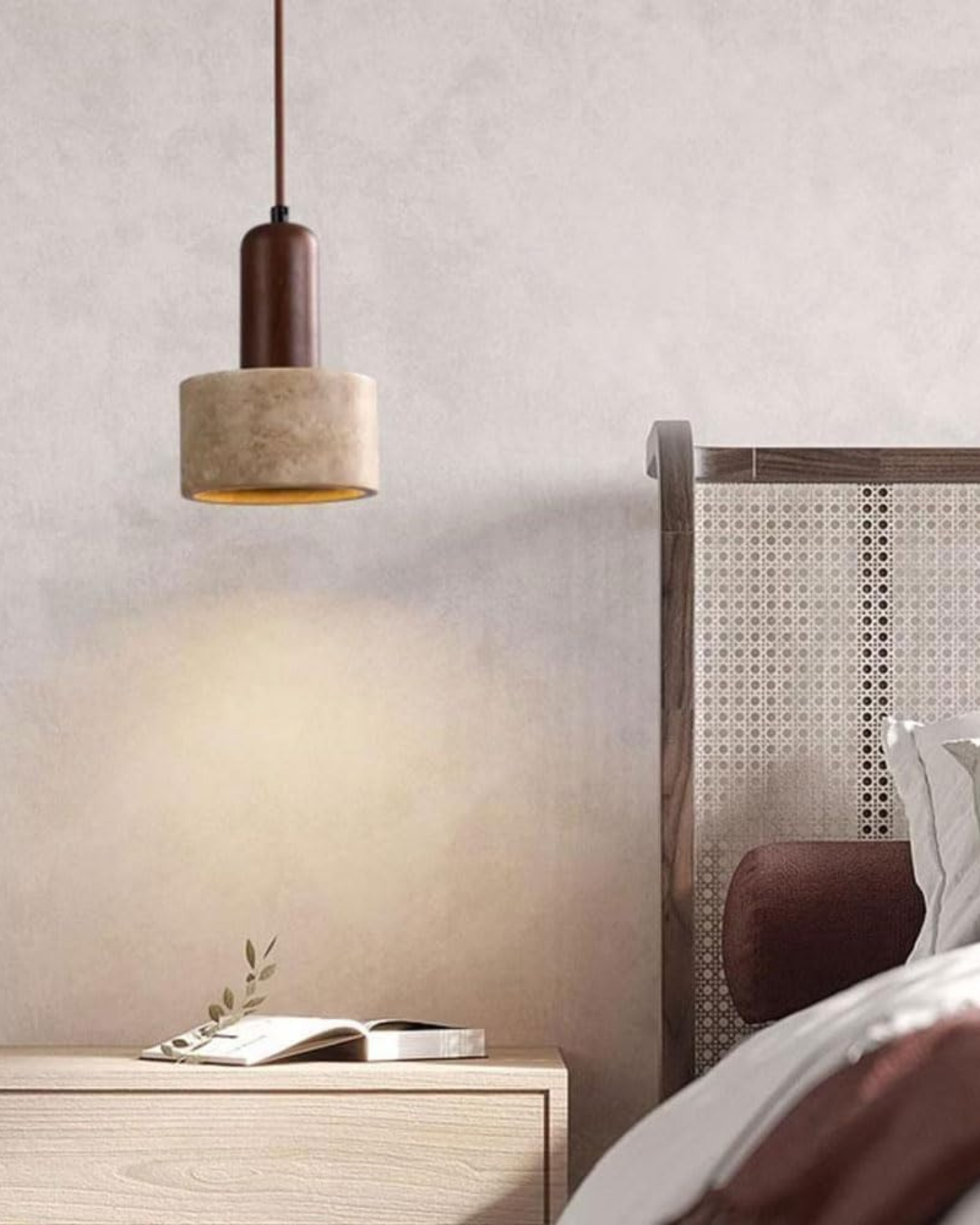 Modern Travertine Wood Cylinder Pendant Light 1-Light Lasson Living
