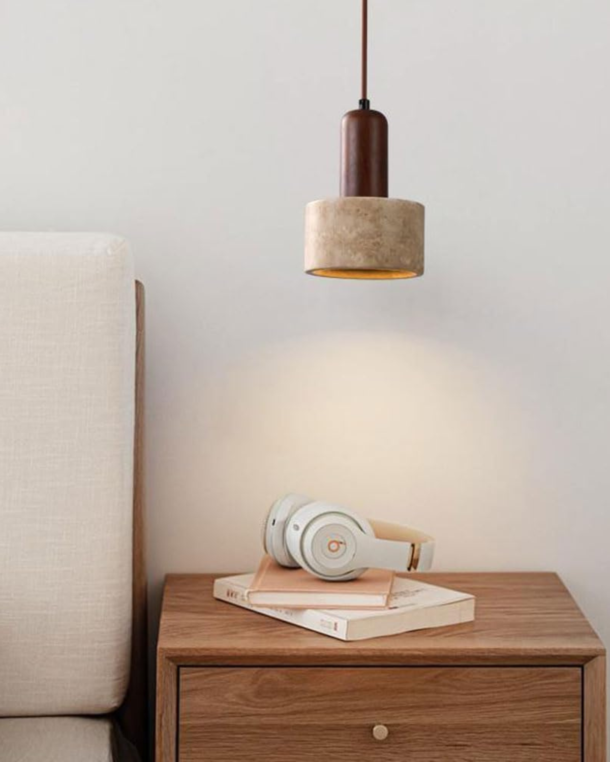 Modern Travertine Wood Cylinder Pendant Light 1-Light Lasson Living