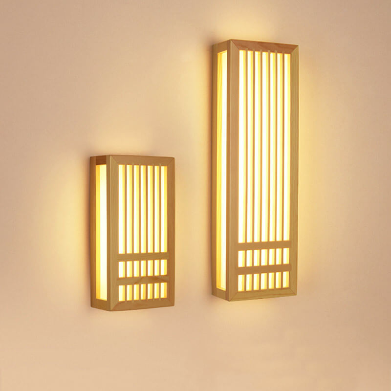 Japanese Solid Wood Rectangular LED Wall Light | 1-Light