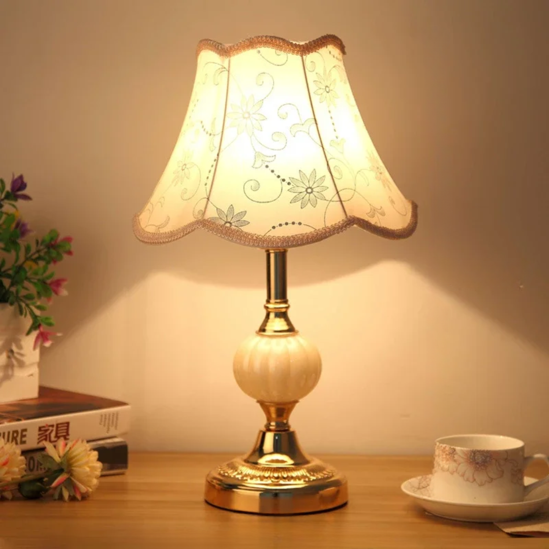 Vintage Floral Fabric Round Table Lamp With Glass Base 1-Light
