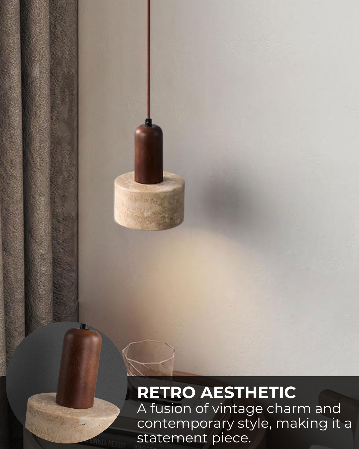 Modern Travertine Wood Cylinder Pendant Light 1-Light Lasson Living