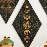 BowLift | Black Moon Phases Wooden Wall Decoration Rhombus Wall Art Boho Home Decor Witch Tapestry Decoration Room Decor Aesthetic Gift Lasson Living