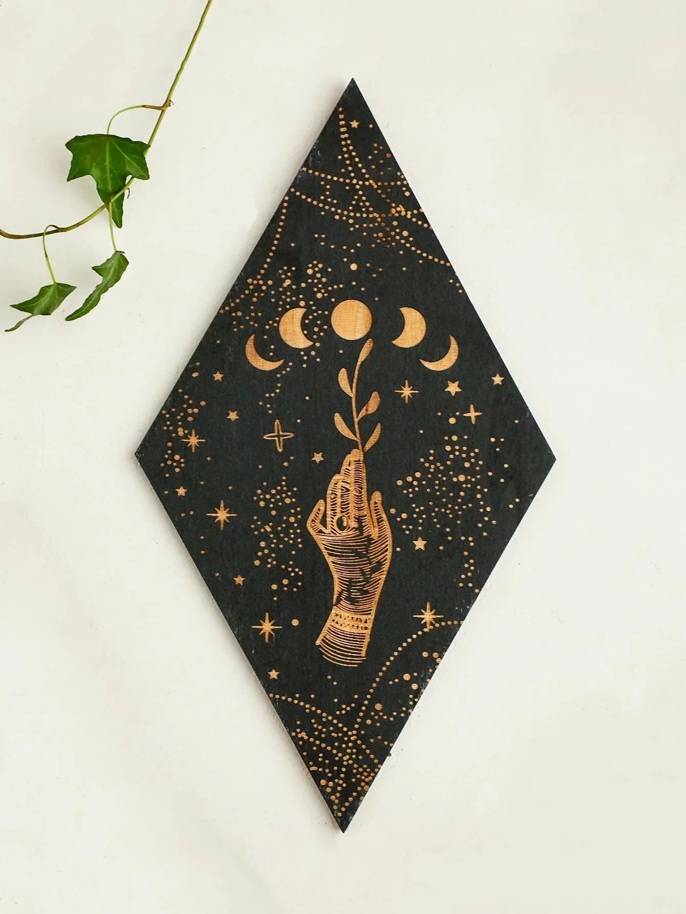 BowLift | Black Moon Phases Wooden Wall Decoration Rhombus Wall Art Boho Home Decor Witch Tapestry Decoration Room Decor Aesthetic Gift Lasson Living