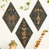 BowLift | Black Moon Phases Wooden Wall Decoration Rhombus Wall Art Boho Home Decor Witch Tapestry Decoration Room Decor Aesthetic Gift Lasson Living