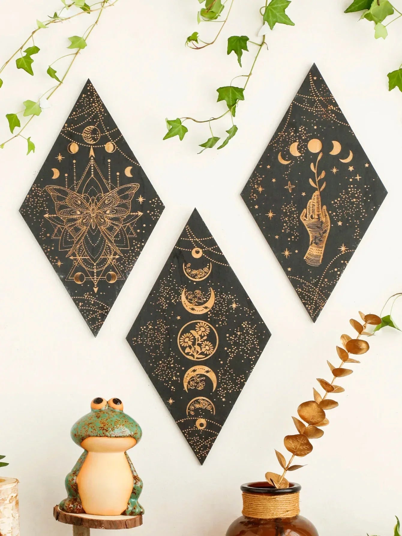 BowLift | Black Moon Phases Wooden Wall Decoration Rhombus Wall Art Boho Home Decor Witch Tapestry Decoration Room Decor Aesthetic Gift Lasson Living