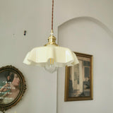 French Ruffled Glass Brass Pendant Light 1-Light