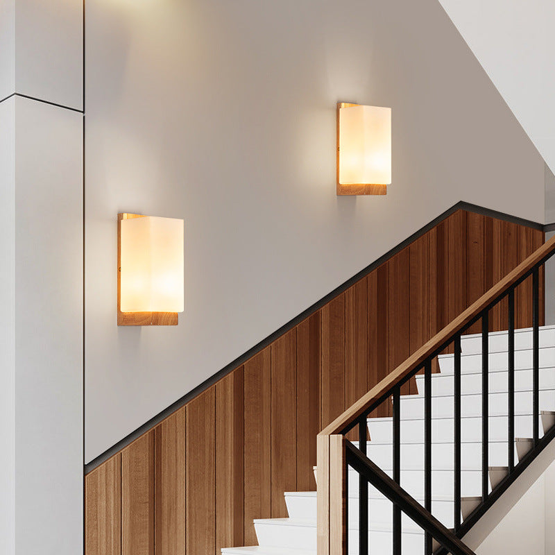 Japanese Wood Glass Rectangle 1-Light LED Wall Sconce Lamp Lasson Living