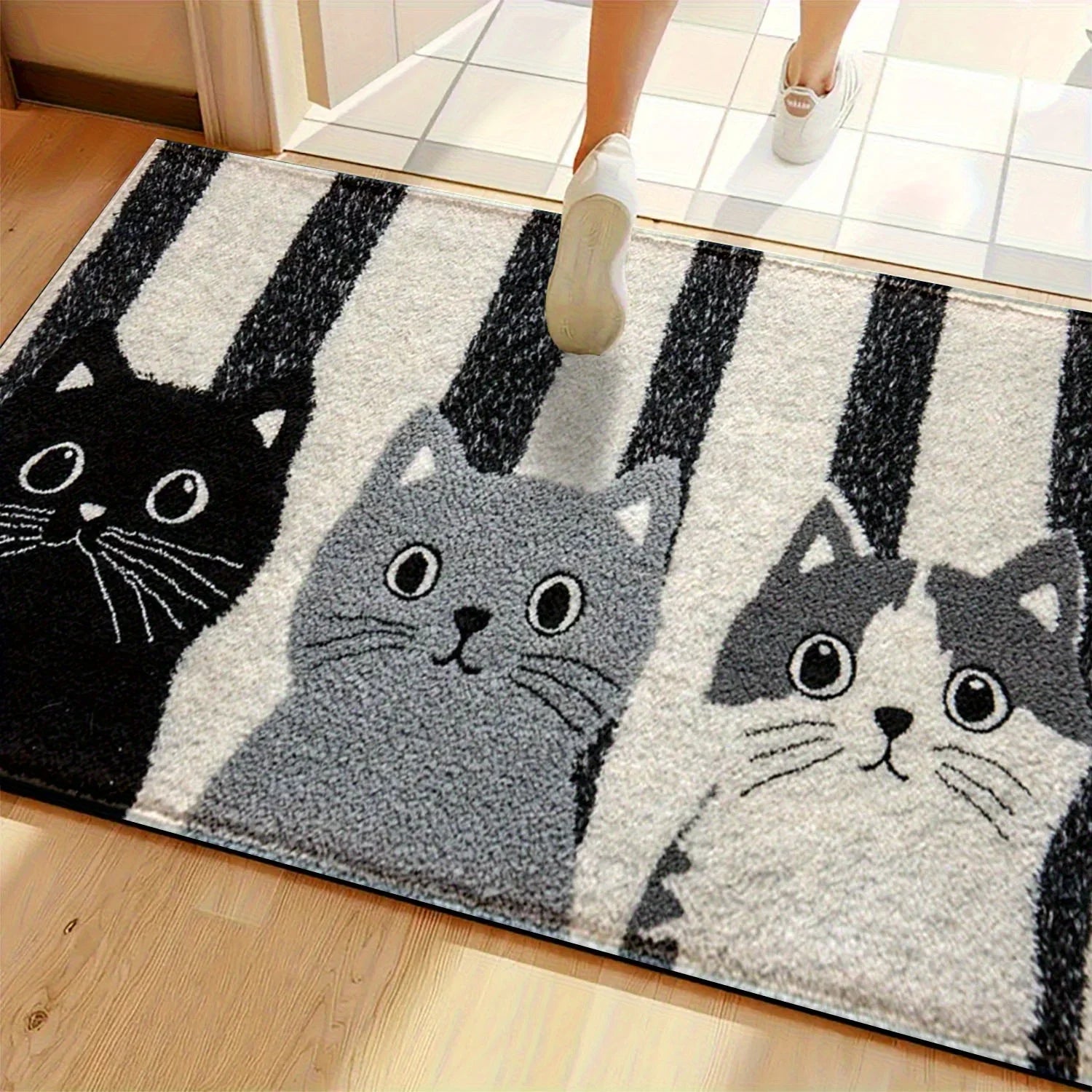 Vikaro - Striped Cartoon Cat Rug Waterproof Soft Floor Mat Lasson Living