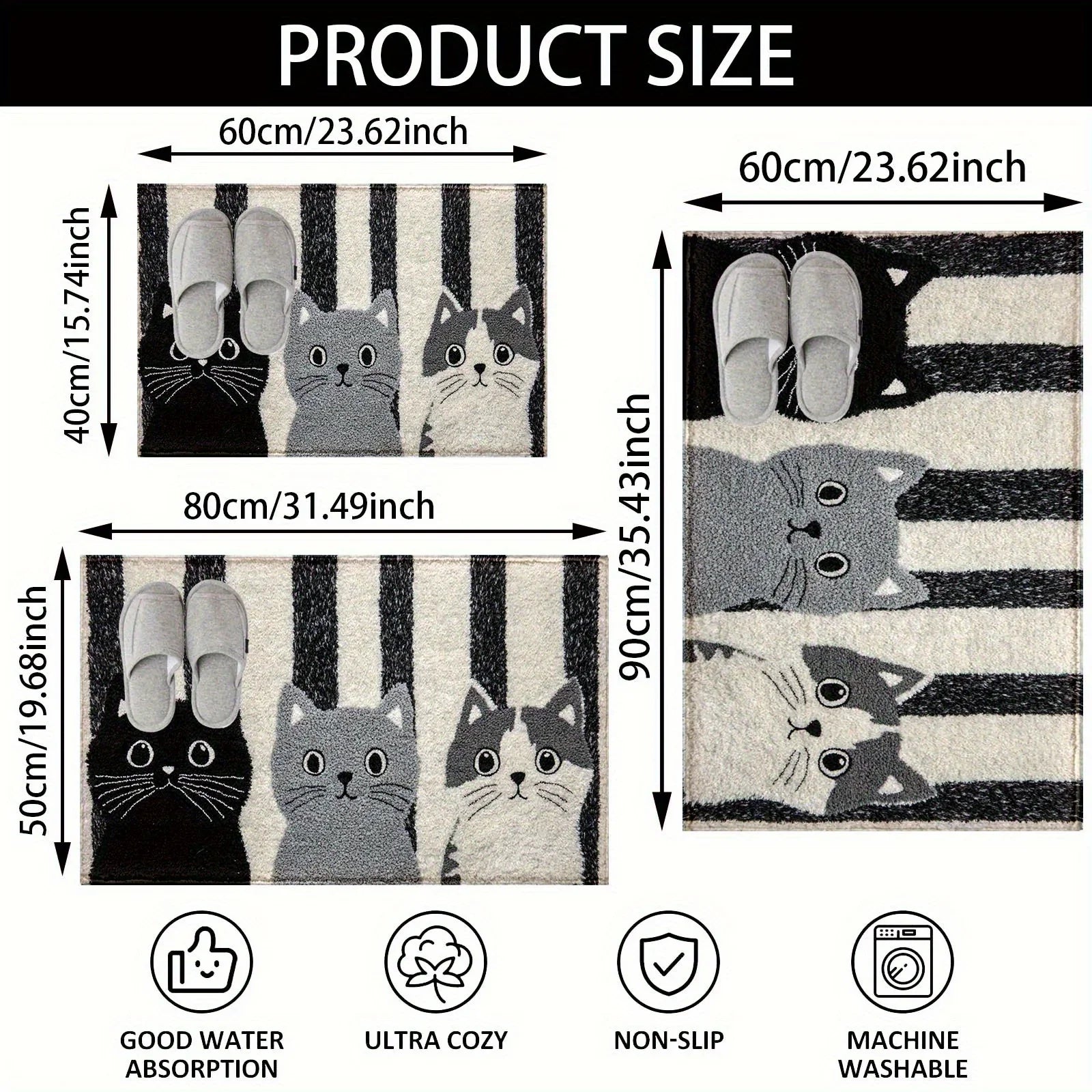 Vikaro - Striped Cartoon Cat Rug Waterproof Soft Floor Mat Lasson Living