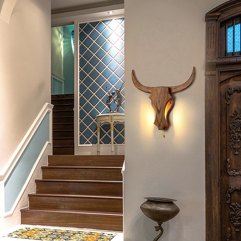 Rustic Wood Bull Head LED Wall Sconce Lamp 1-Light Lasson Living