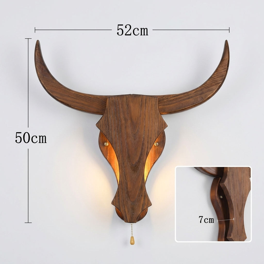 Rustic Wood Bull Head LED Wall Sconce Lamp 1-Light Lasson Living