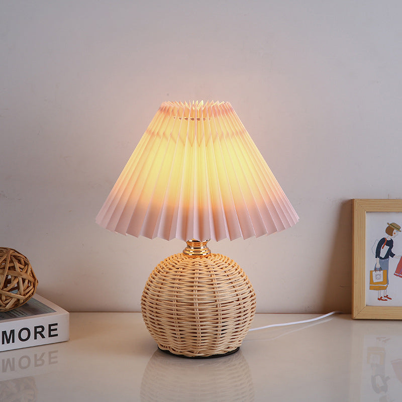 Nordic Rattan Pleated Fabric Conic LED Table Lamp 1-Light