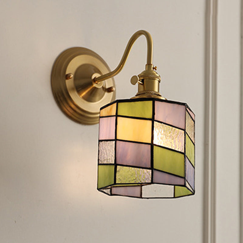 Vintage Tiffany Glass Brass Wall Sconce Lamp 1-Light
